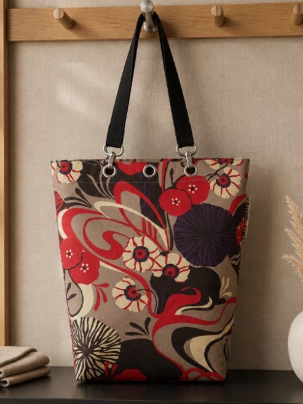 Floral Canvas Tote Bag in Red, Black and Cream - Unbranded